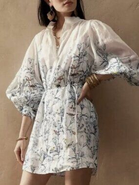 Banana Republic | White Linen Tunic Shirt Dress with Blue Botanical & Bird Print
